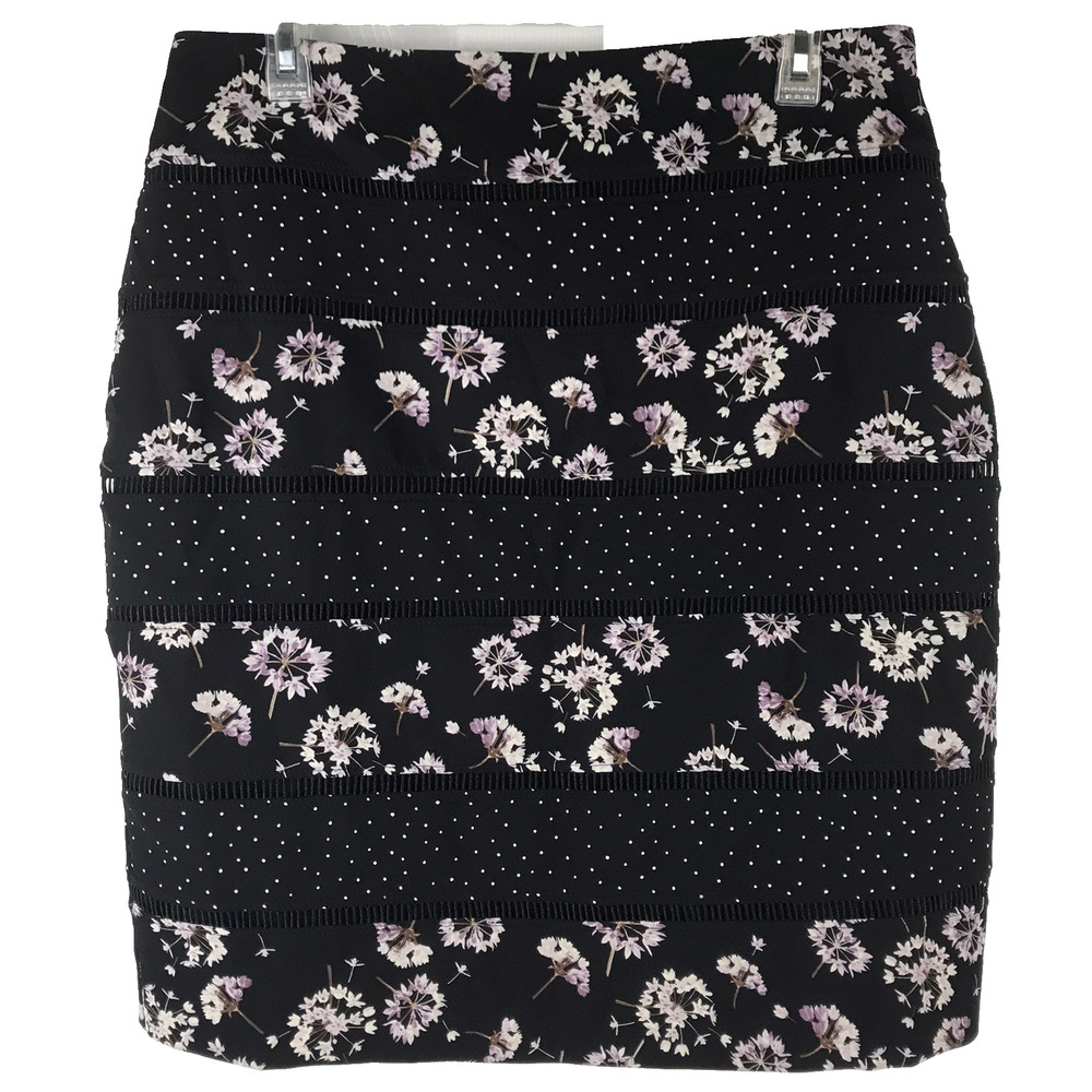 NWT White House Black Market Skirt Floral Polka Dot Black White Purple Lined 10